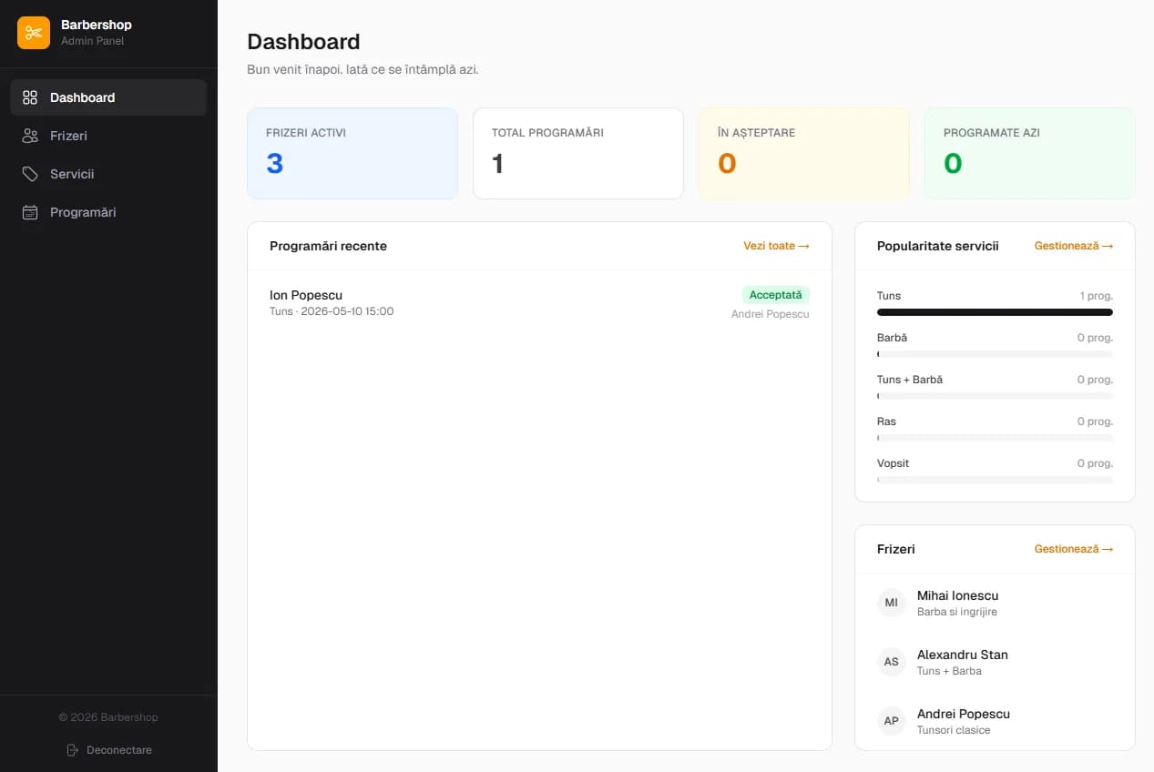 Dashboard principal — programări și calendar